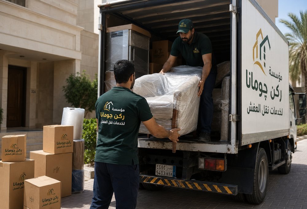 عمال ينقلون الأثاث بعناية