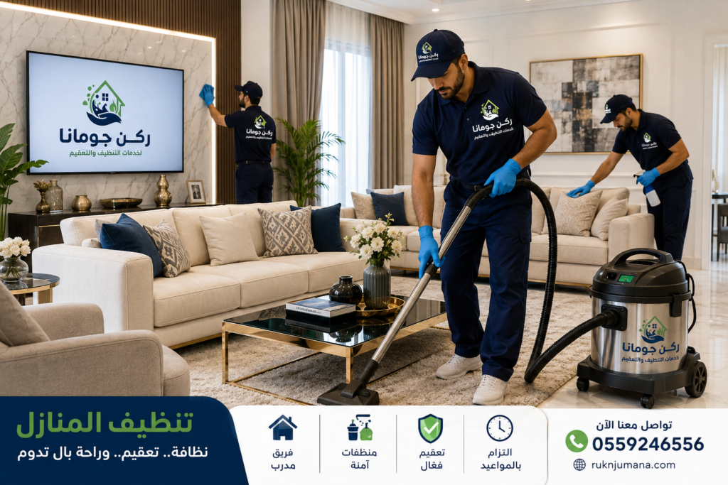 فريق شركة ركن چومانا يقدم خدمات تنظيف وتعقيم احترافية داخل منزل حديث في المملكة العربية السعودية باستخدام أحدث معدات التنظيف.